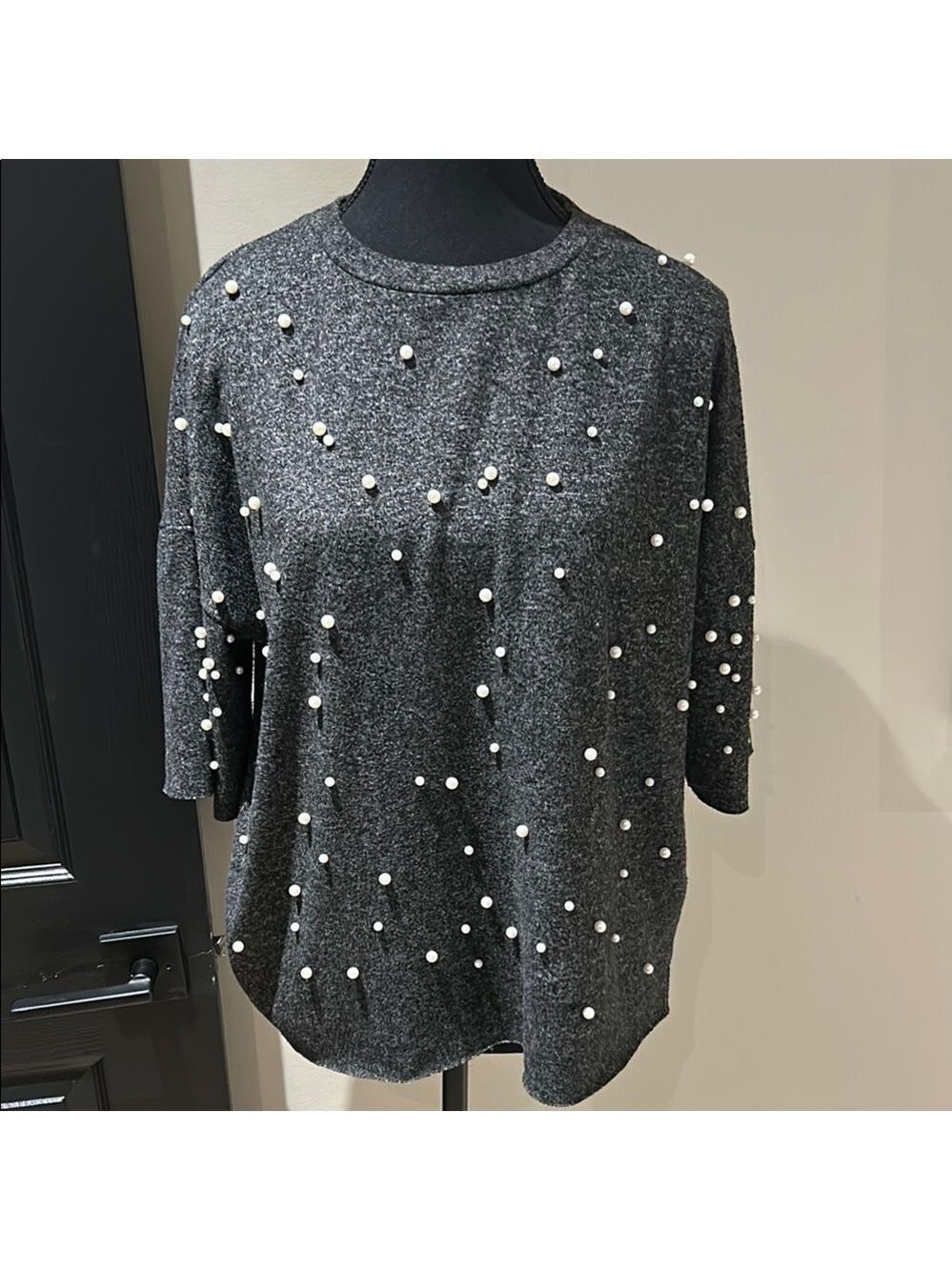 Gray Pearl Embellished Women's Top from Zara